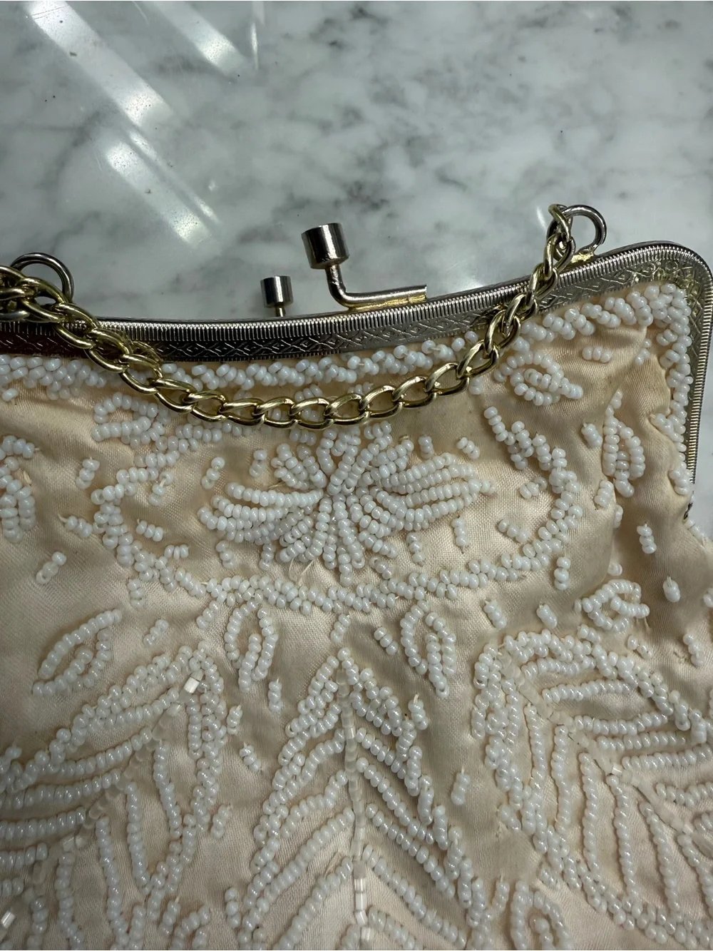 Vintage Beaded Cream Evening Handbag with Chain Handle
